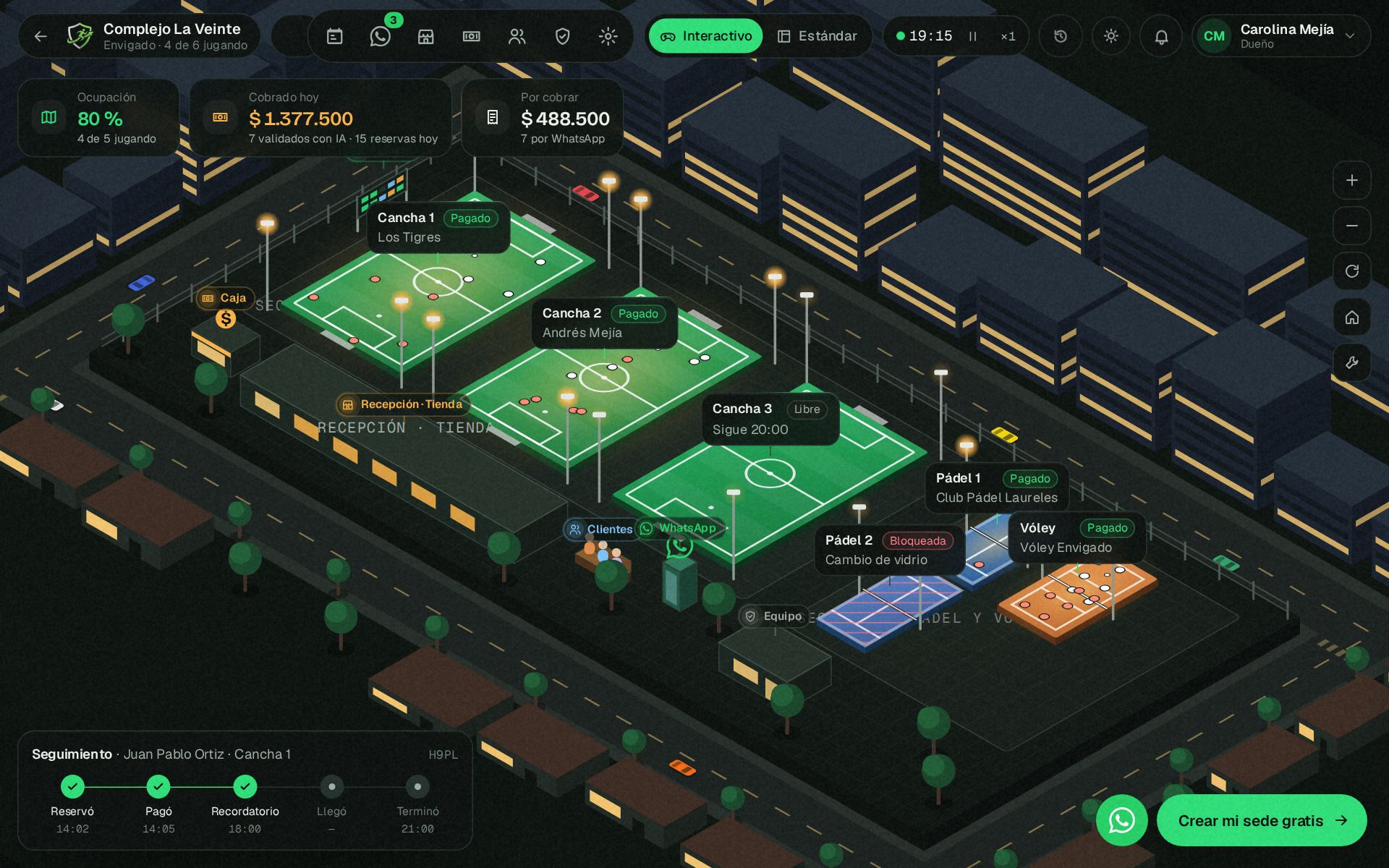 Controla Canchas interactive demo: an isometric map of a sports venue with courts, live bookings and payment status.
