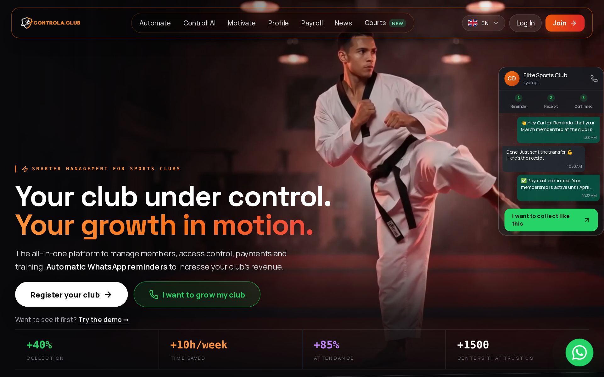 Controla.Club landing page: a club management platform with automatic WhatsApp payment reminders.